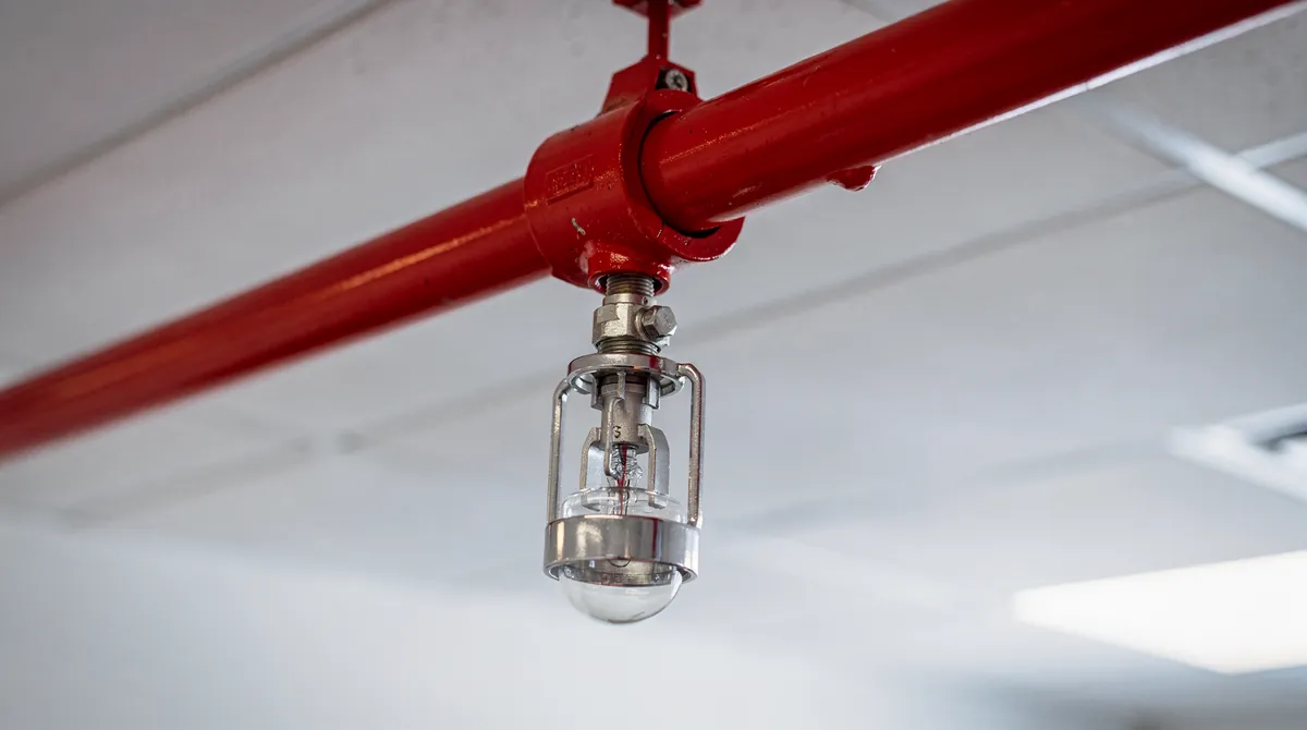 Fire sprinkler head on a red supply pipe